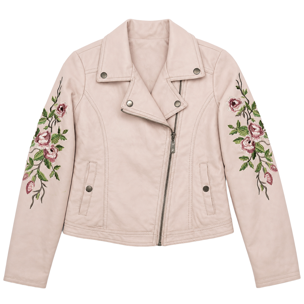 Jou Jou Light Pink Faux Leather Moto Jacket with Floral Embroidery and Beaded Rose 1