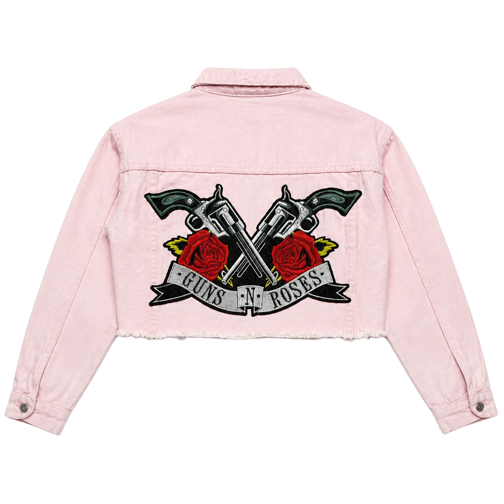 Alfred Dunner Petite Pink Reworked Cropped Denim Jacket with Guns N' Roses Back Patch 1