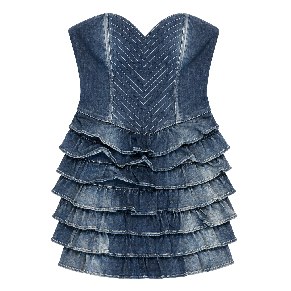 Vintage NWT Guess Y2K Strapless Denim Corset Mini Dress with Ruffled Tiers 1