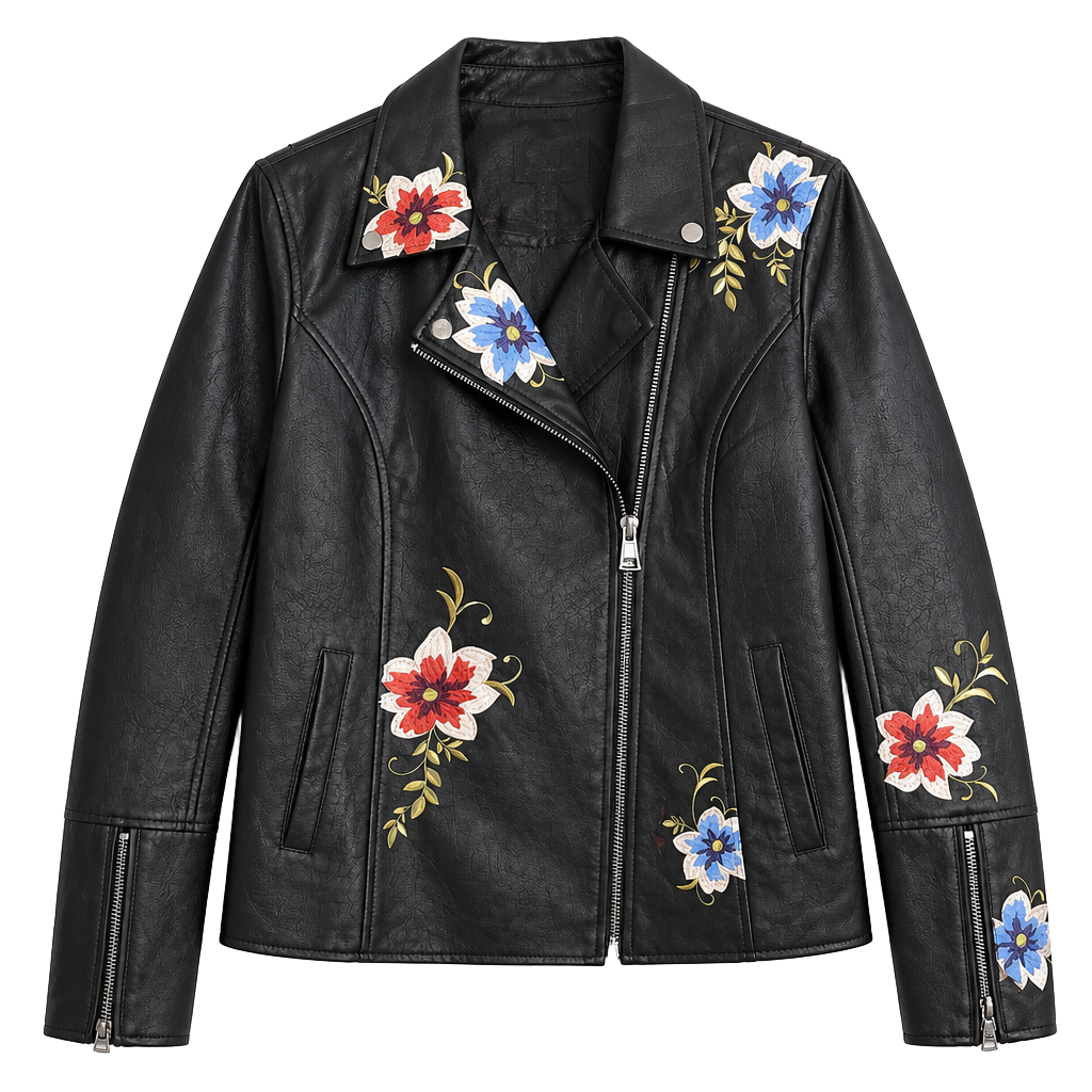 Madison Ave Collection by Dennis Basso Floral Embroidered Faux Leather Moto Jacket 1