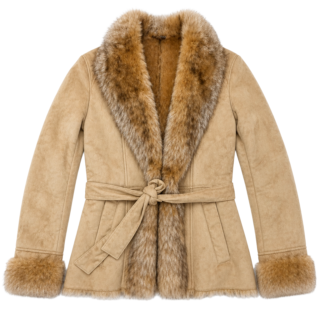 Vintage Y2K Route 66 Faux Fur Lined Suede Jacket with Tie Waist 1