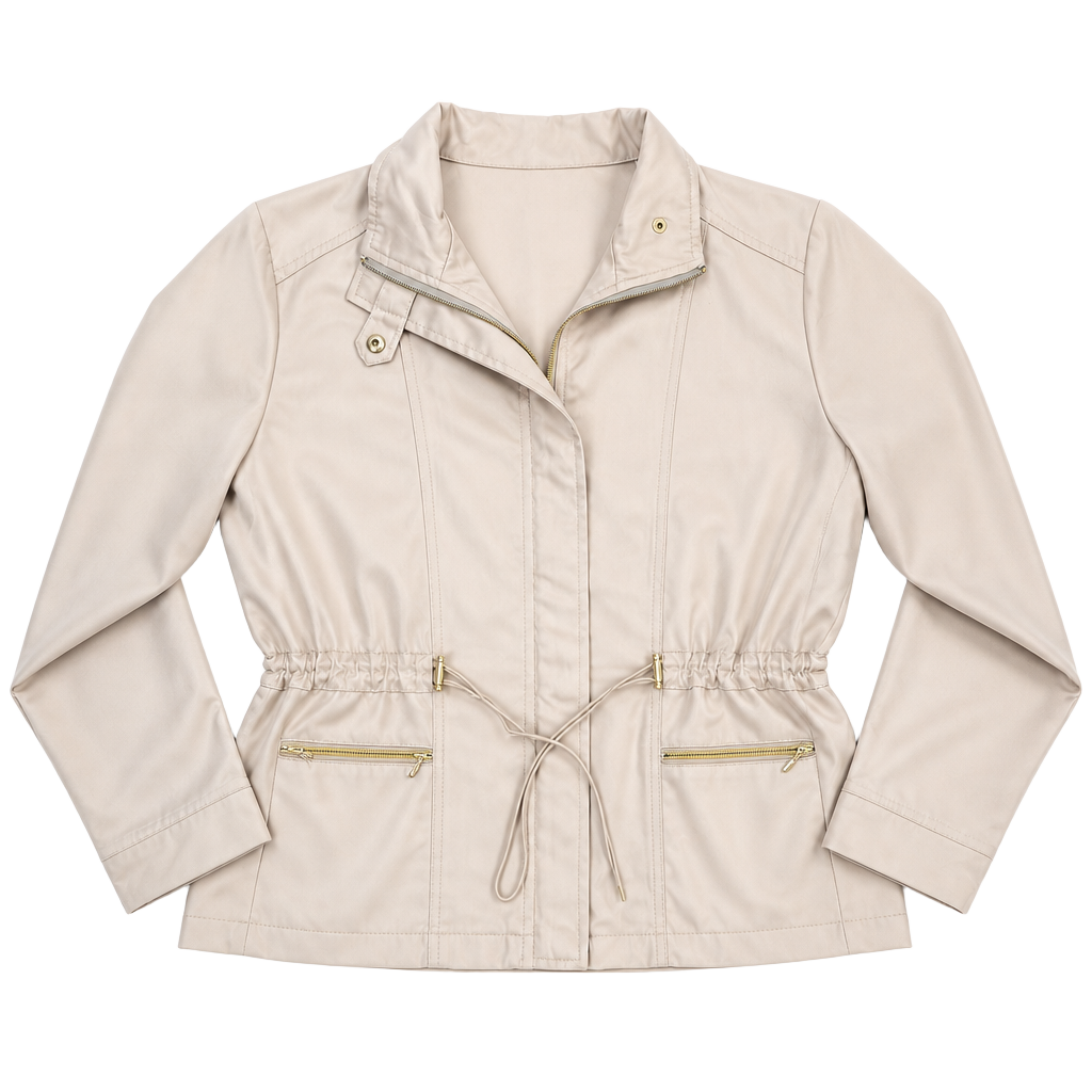 Keneth Too Beige Tan Lightweight Jacket Sz Large Cinch Waist Full Zip Mock Neck 1