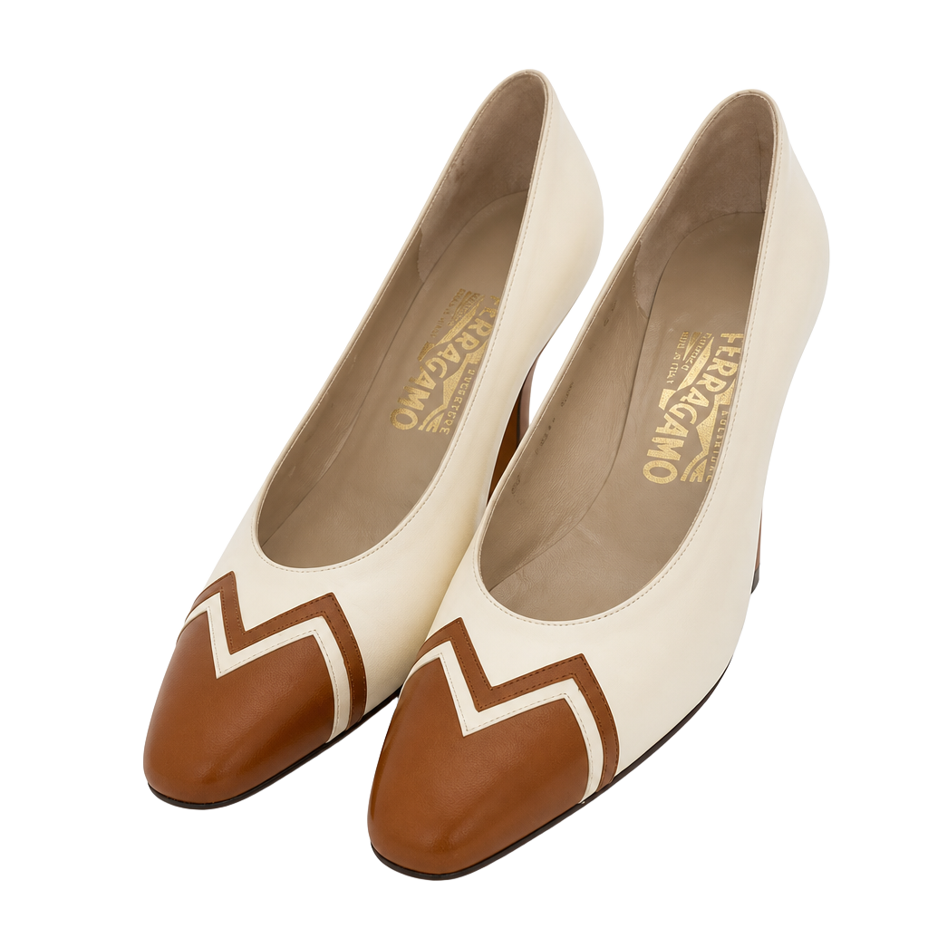 Salvatore Ferragamo Carlina Brown & Cream Pumps Sz 7 AAA 1