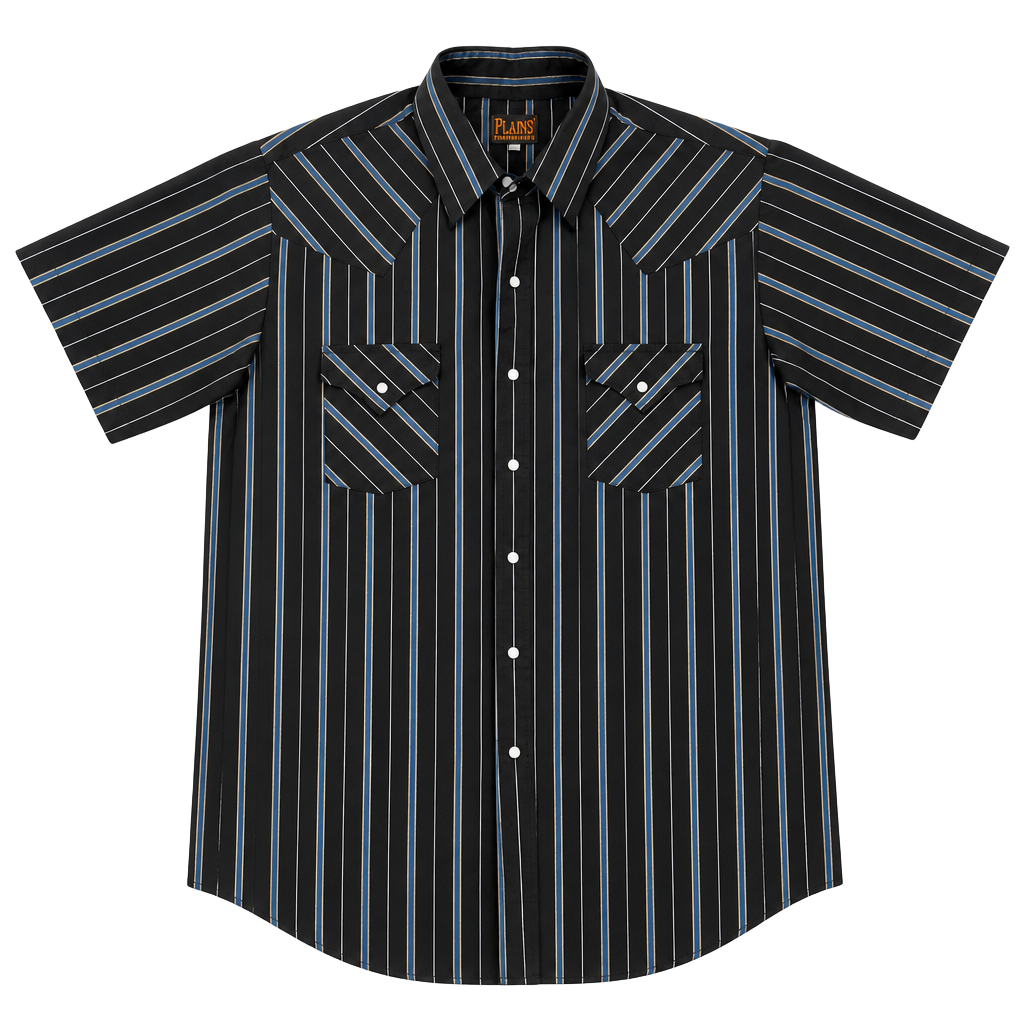 Plains Western Wear Short Sleeve Striped Pearl Snap Shirt Men XL Black Blue 1
