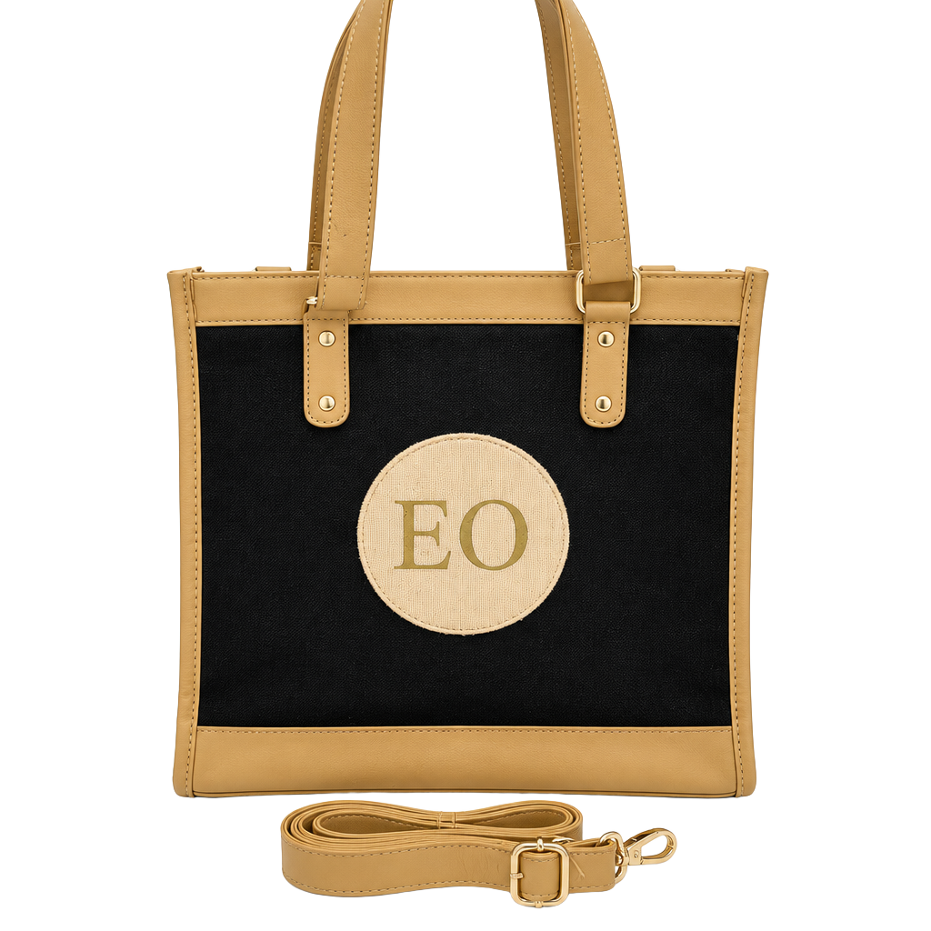 Custom Monogrammed Black Tan Canvas Tote Bag EO 1