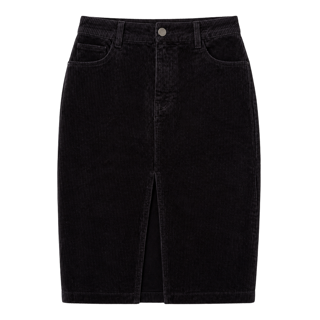 Forever 21 Black Corduroy Midi Skirt with Front Slit Size Small 1