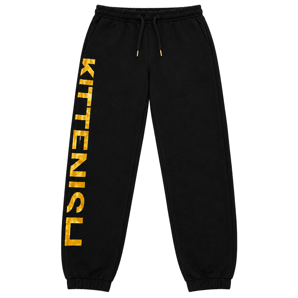 Kittenish Sweatpants Size Medium Black Gold Logo Joggers 1
