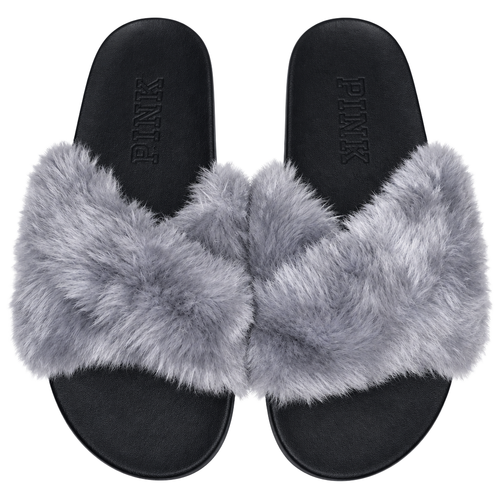 Victoria's Secret Pink Faux Fur Criss Cross Slides Gray 1