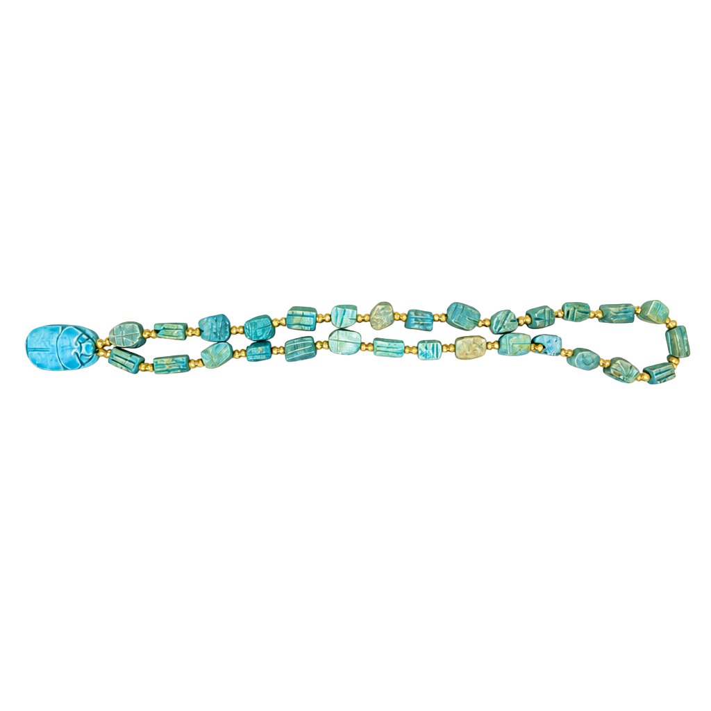1930s 14” Antique Hand Carved Baked Turquoise Glaze Egyptian Scarab Necklace 1