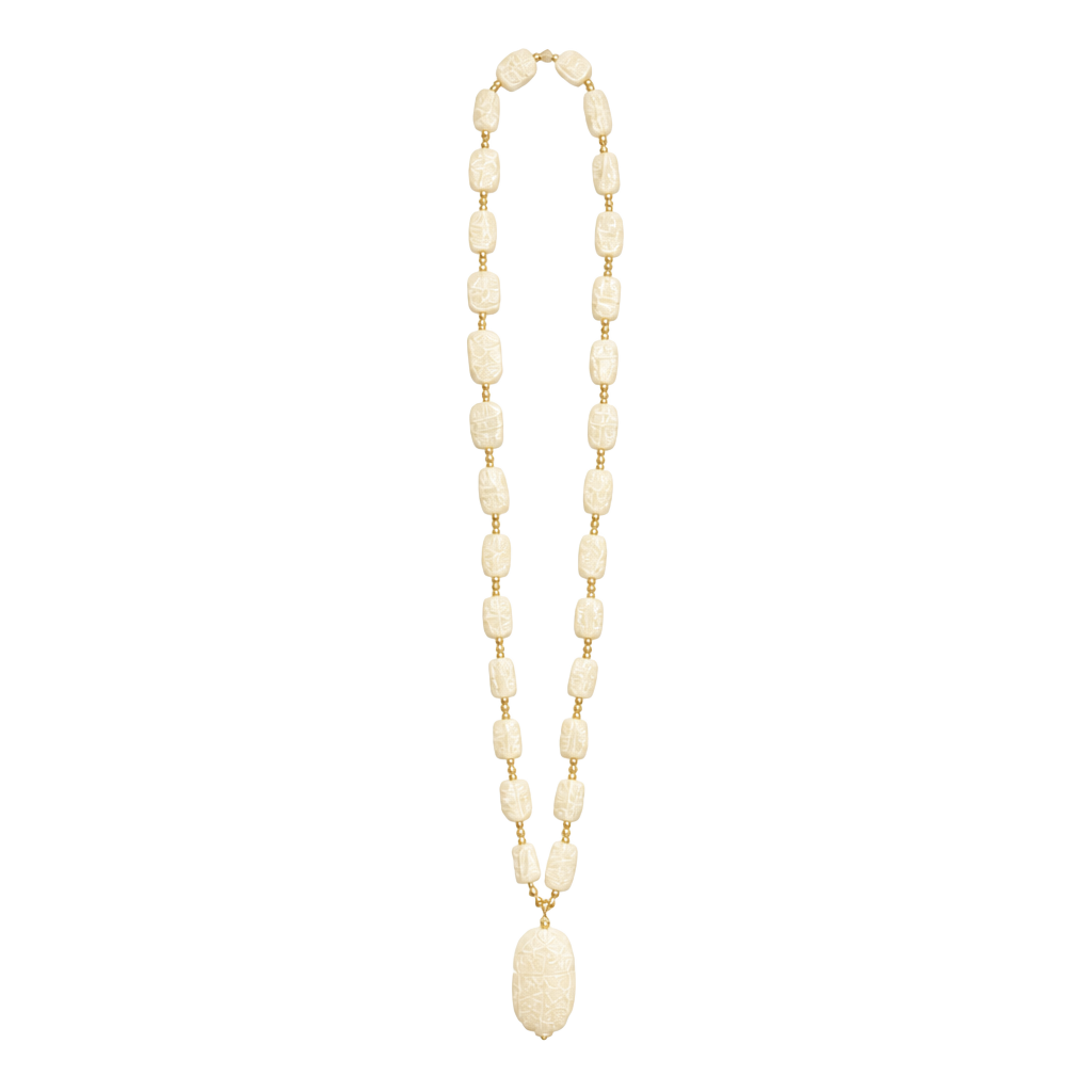 Vintage Egyptian Scarab Pendant Necklace: Selenite & Gold Tone Beads 14” 1