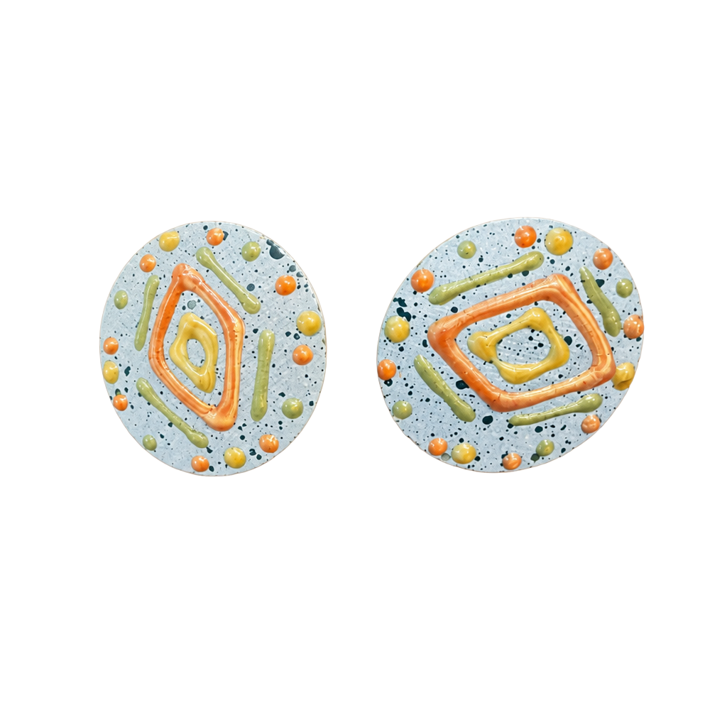 Vintage Hand-Painted Ceramic Abstract Geometric Clip-On Earrings 1