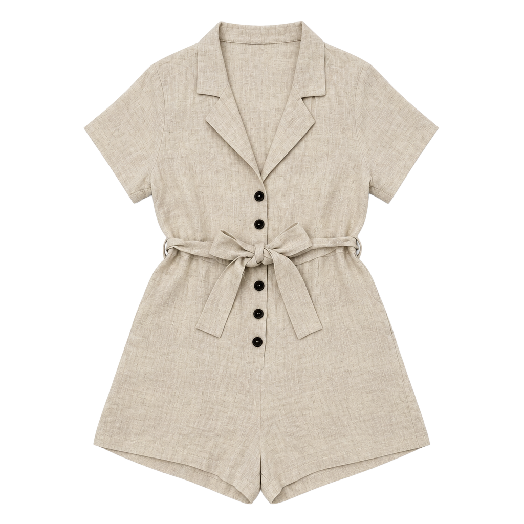 Lunik Linen Blend Tie Waist Button-Up Romper 1