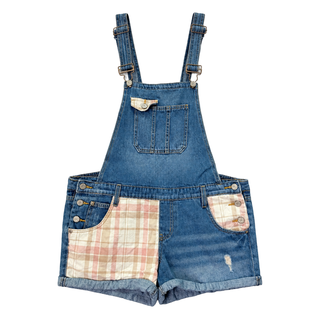 lei Juniors Denim Shortalls with Pink Plaid Patchwork Details 1