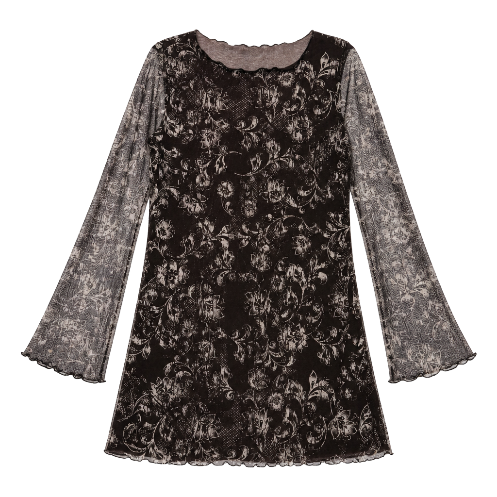 Floral Print Mesh Long Sleeve Mini Dress with Lettuce Edge 1