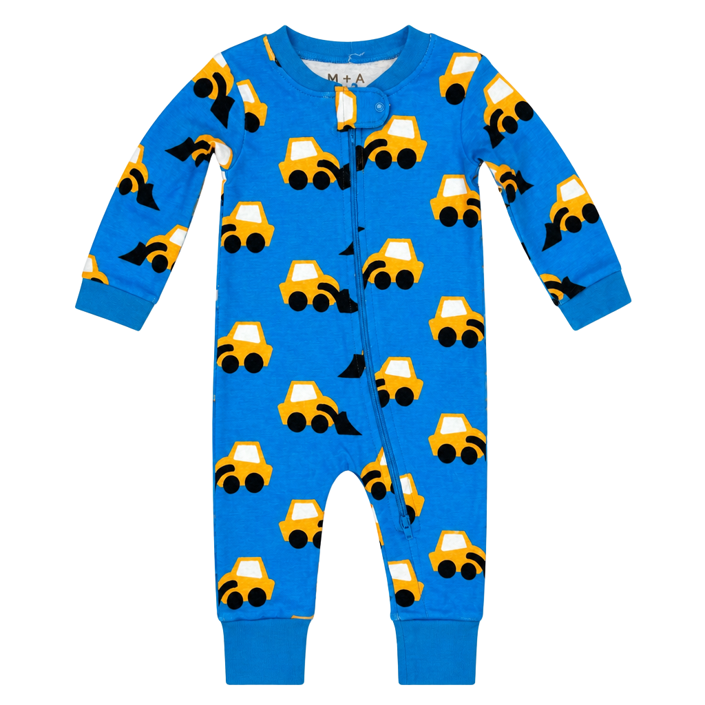Monica + Andy Organic Cotton Two-Way Zip Romper in Construction Trucks 1