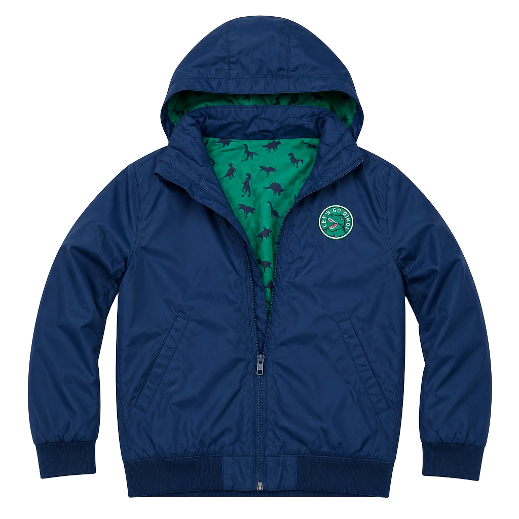 H&M Boys Navy Blue Dinosaur Windbreaker Hooded Jacket with Graphic Back 1