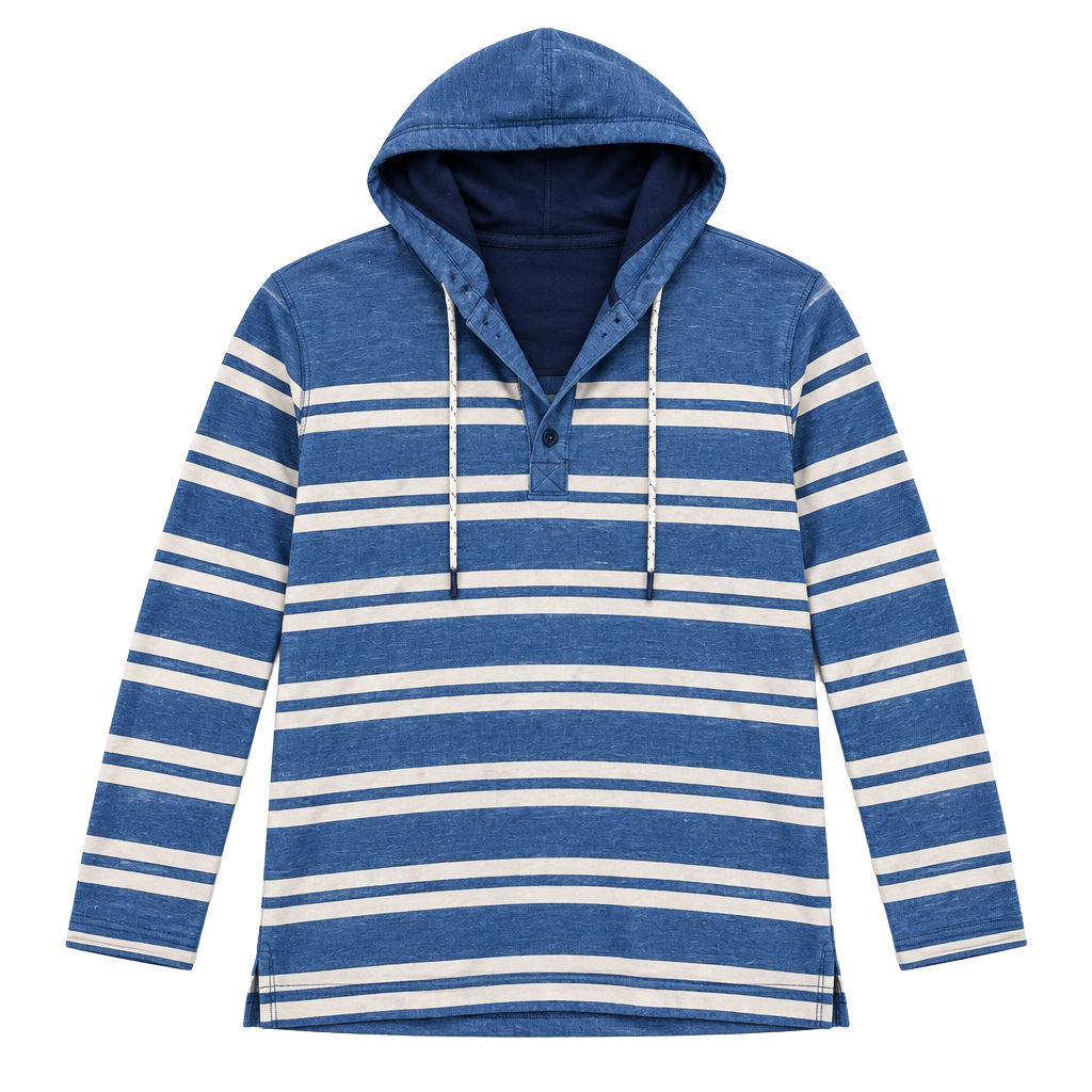 L.L.Bean Women's Blue Striped Henley Hoodie with Katahdin Logo, Size S 1