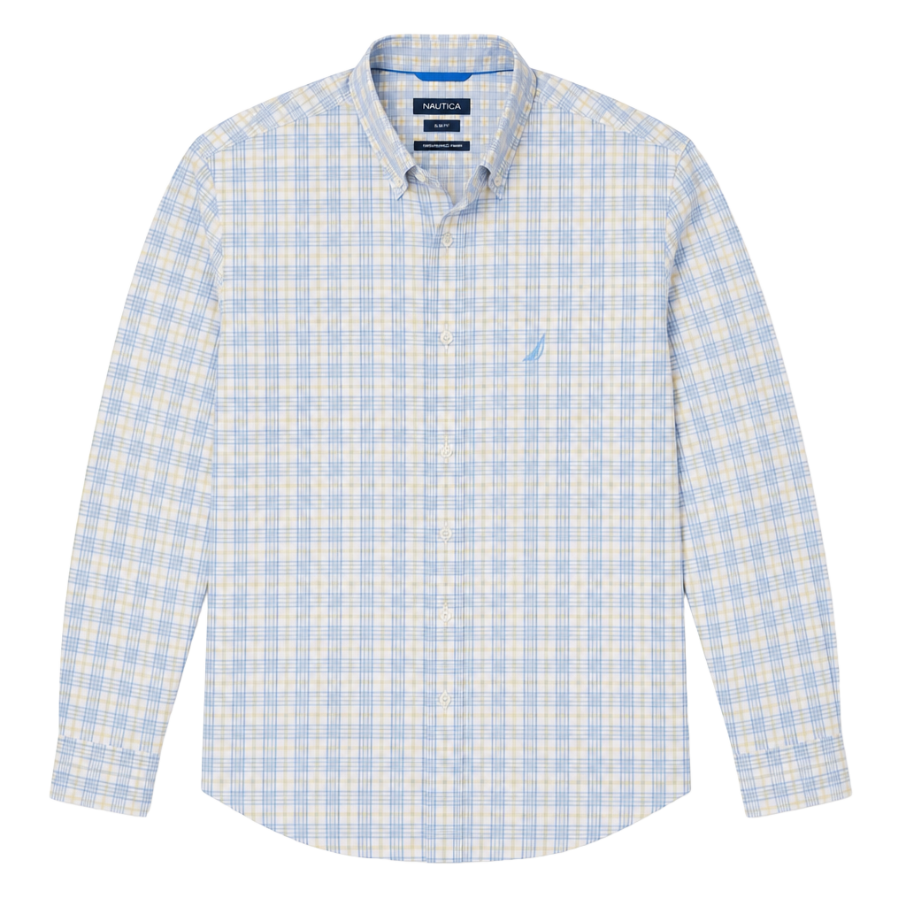 Nautica Men’s Performance Plaid Button Down Shirt Blue Yellow Slim Fit 1