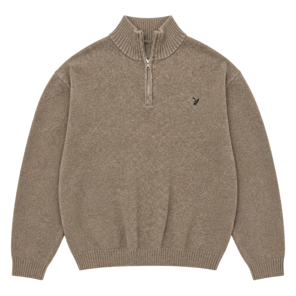 American Eagle Outfitters Men's Brown Cotton 1/4 Quarter Zip Mock Neck Pullover Sweater XL 1