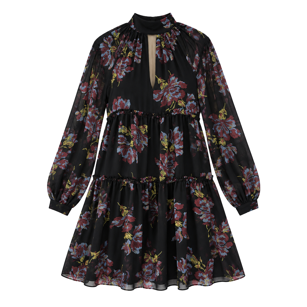 Cinq a Sept Revina Dress Size 4 Black Multi Floral Long Sleeve Mini Dress 1