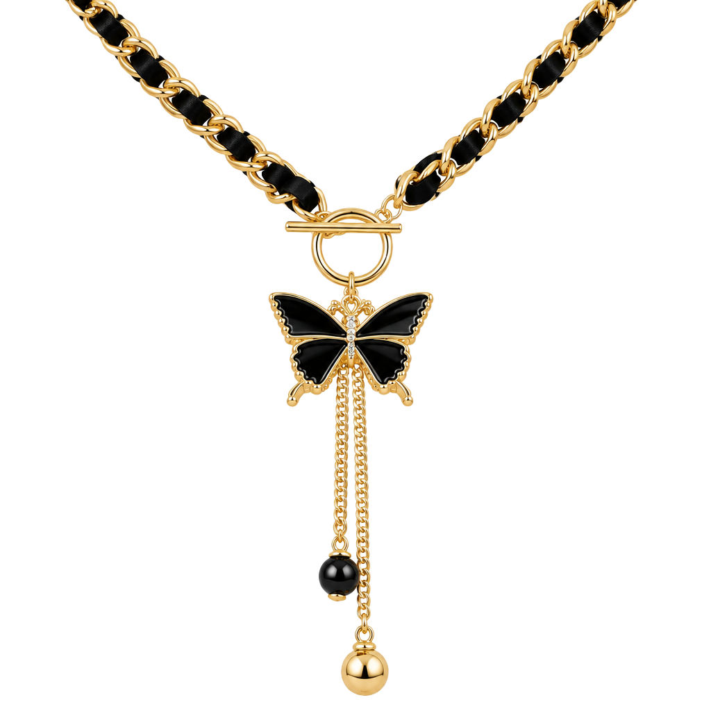 Butterfly Tassel Pendant Necklace Gold Black Chain 1
