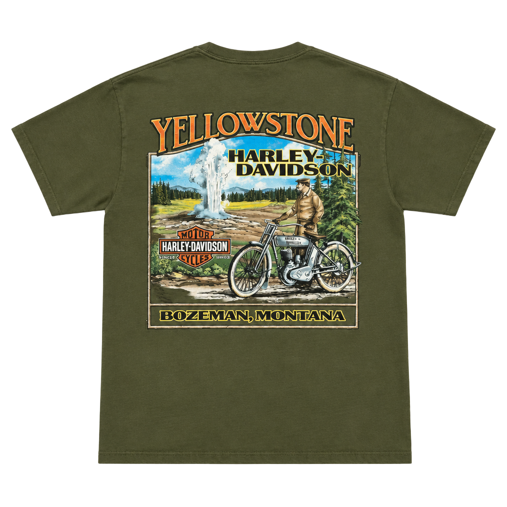 Harley-Davidson Yellowstone T-Shirt Size Medium Olive Green Bozeman Montana 1