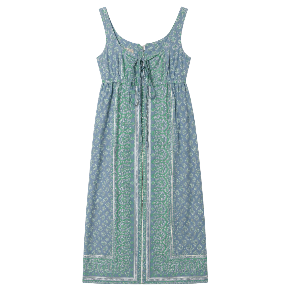 Made In India For India Imports Blue Green Paisley Tie Front Maxi Dress 1