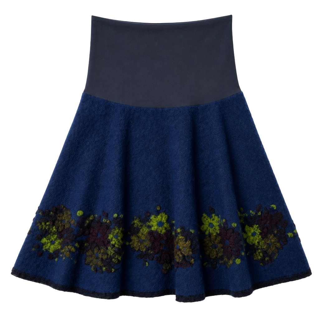 Boho Wool Felted Floral Hem Blue Skirt 1