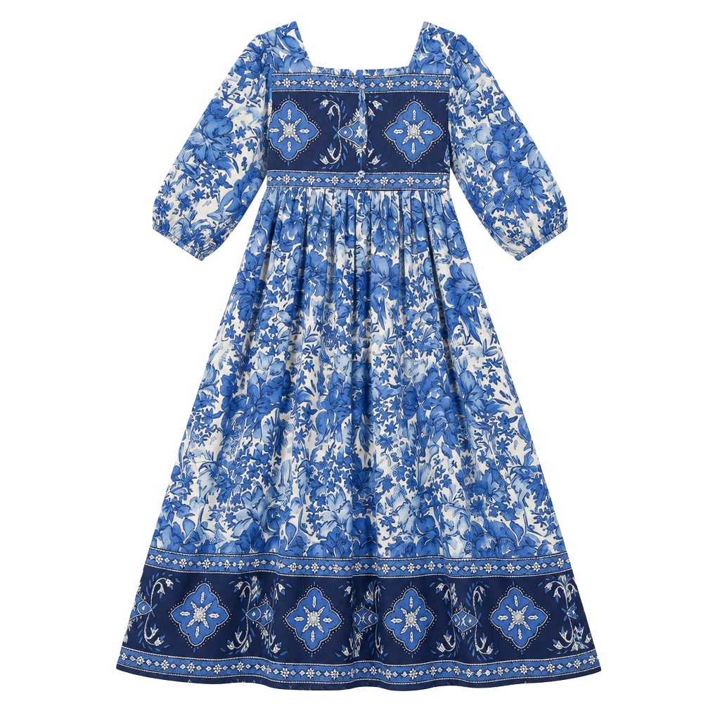 Vintage Blue White Floral Midi Dress Square Neck Cottagecore Boho 1