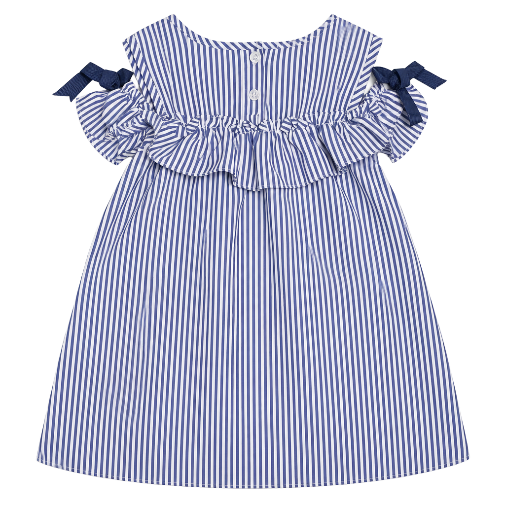 Unbranded Striped Cold Shoulder Dress Size 120 Blue White Bows 1