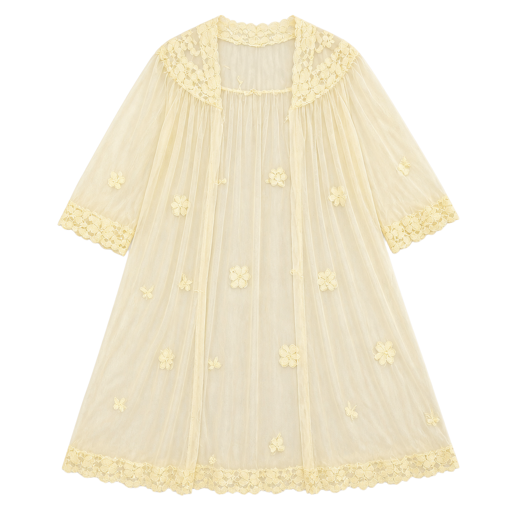 Vintage Eppie Dressing Gown Light Yellow Sheer Chiffon Lace Size 32 1