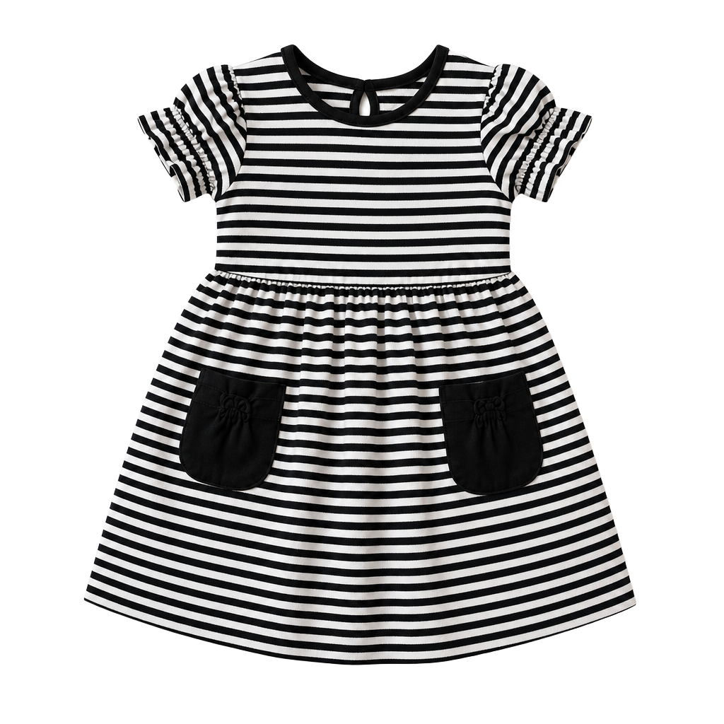Jillian's Closet Toddler Girl Black and White Striped Puff Sleeve Dress with Pockets 1