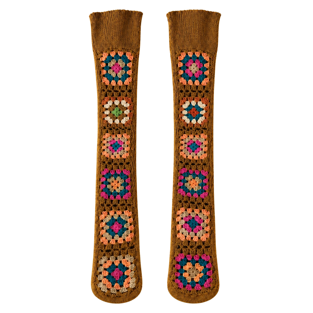 Granny Square Knit Socks Thigh-High Length Cozy Retro Style 1