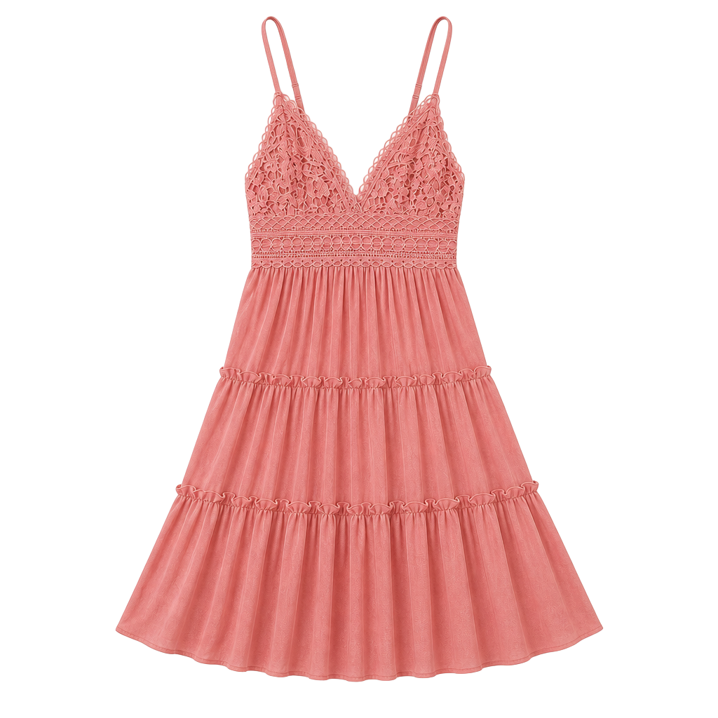 ECOWISH Women's V-Neck Spaghetti Strap Lace Bodice Tiered Ruffle Mini Dress in Pink, Size S 1