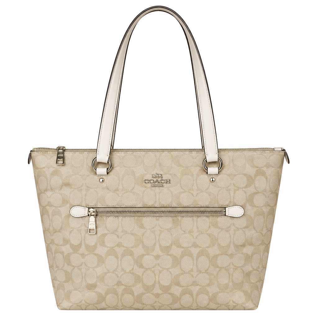 Coach Signature Zip Top Tote Bag Khaki Chalk White 1