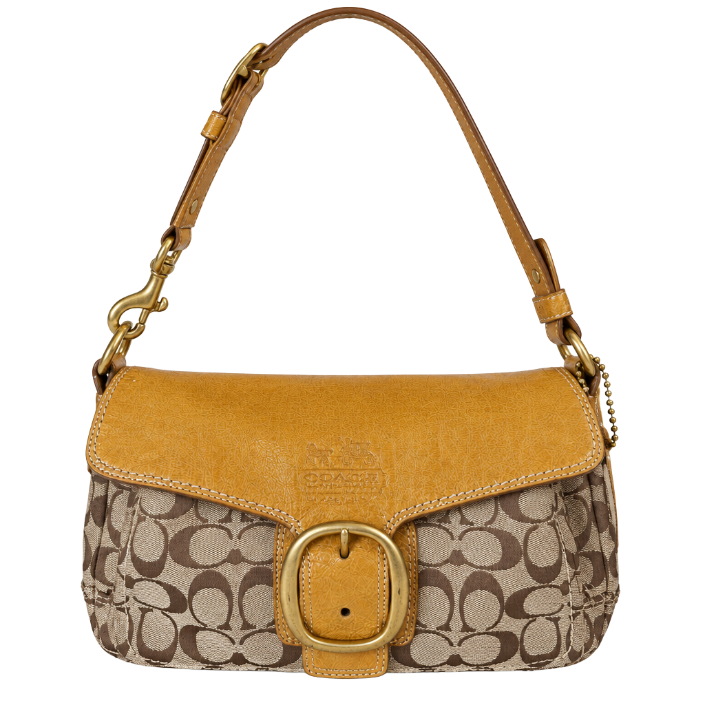 Coach Hamptons Signature Buckle Flap Shoulder Bag Brown Patent Leather 1