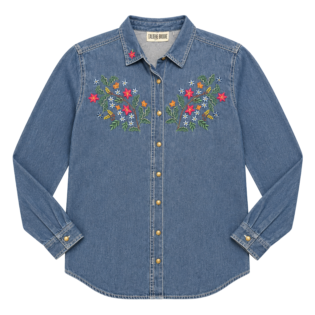Vintage 1990s Lauren Brooke Embroidered Denim Shirt Size XL Blue 1