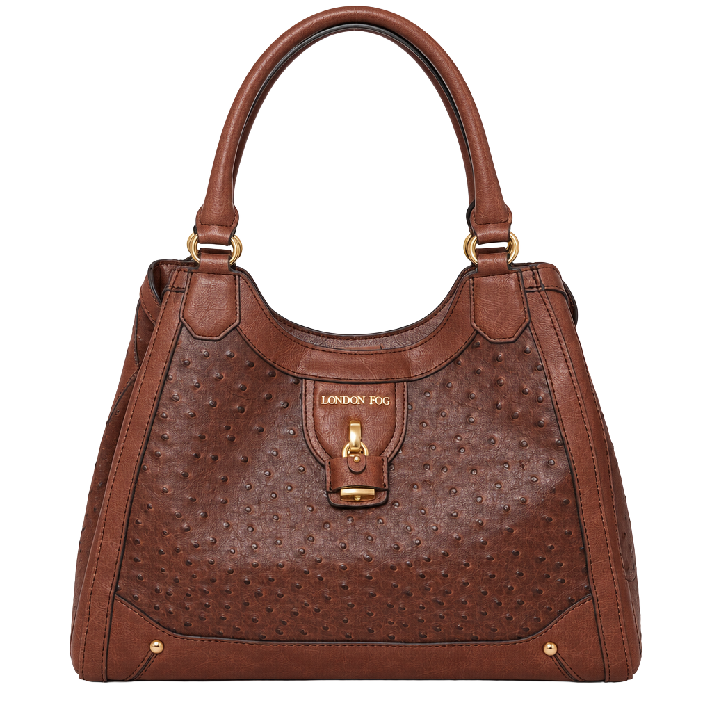 London Fog Brown Ostrich Embossed Faux Leather Satchel Shoulder Bag 1