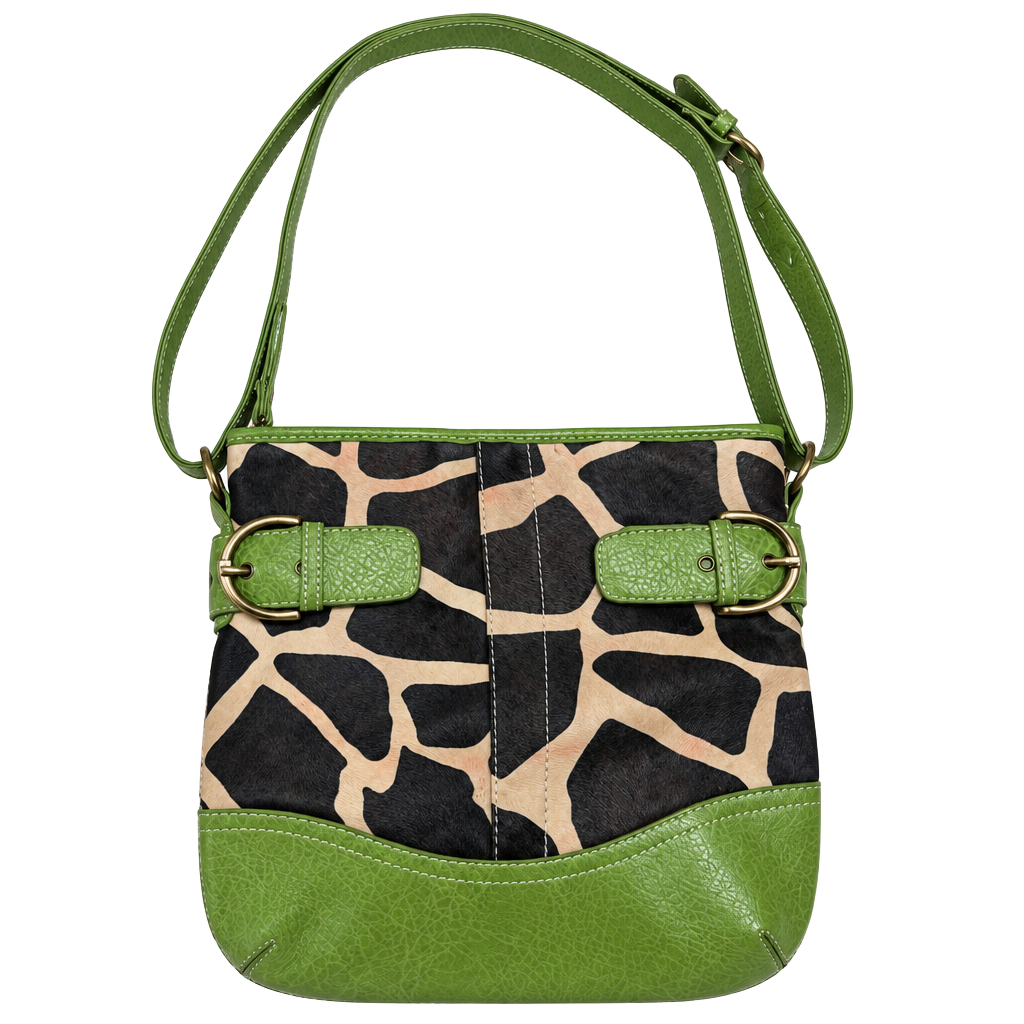 Vintage Giraffe Print Faux Leather Shoulder Bag Lime Green Trim 1
