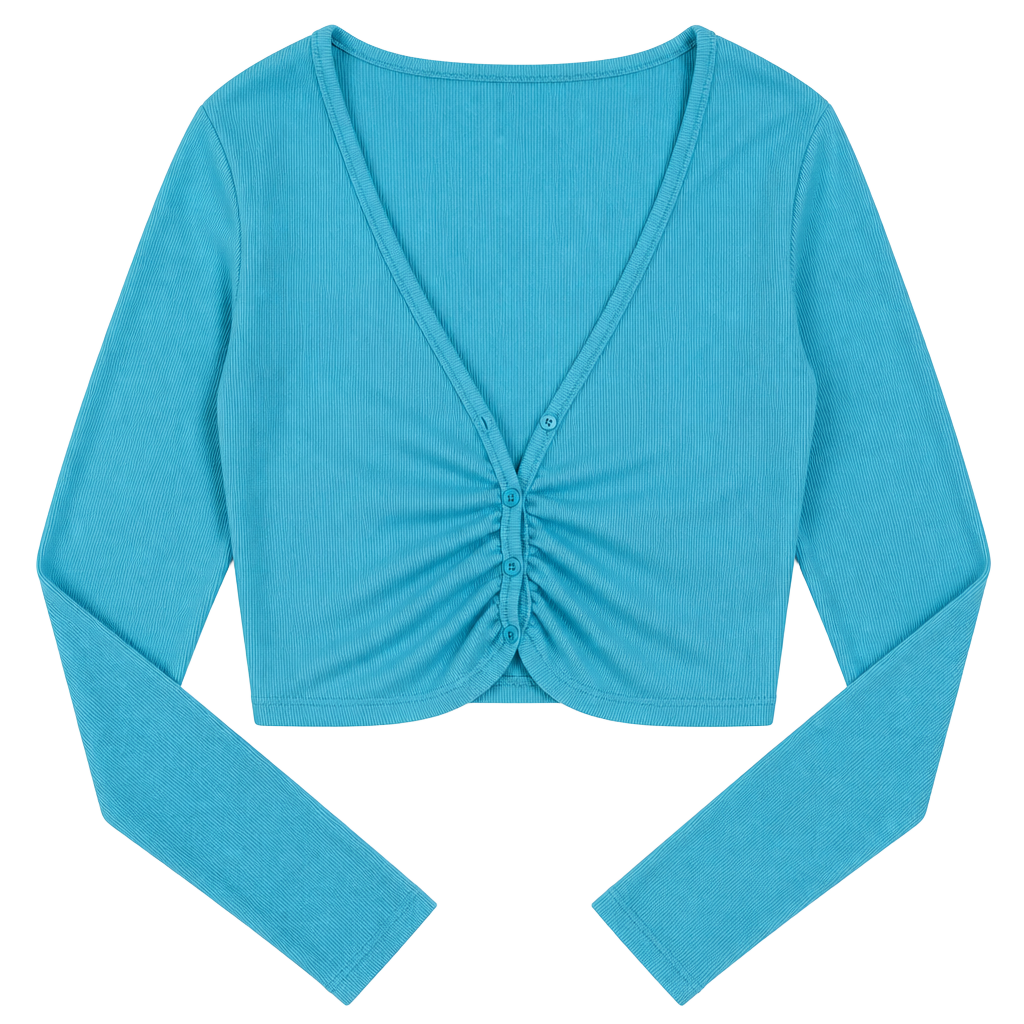 Zara Turquoise Ribbed Long Sleeve Ruched Button Crop Top 1