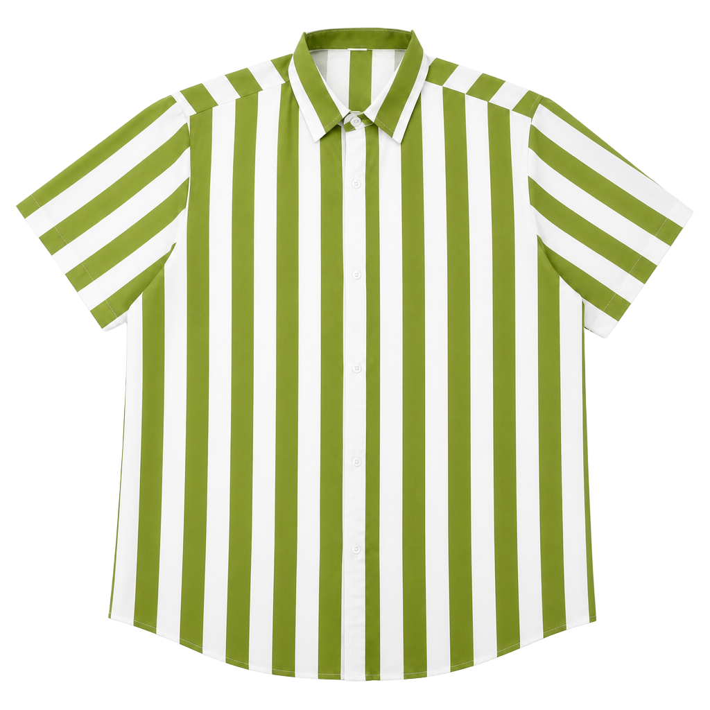 H&M Men's Green and White Vertical Striped Short Sleeve Cotton Linen Blend Button Down Shirt 1