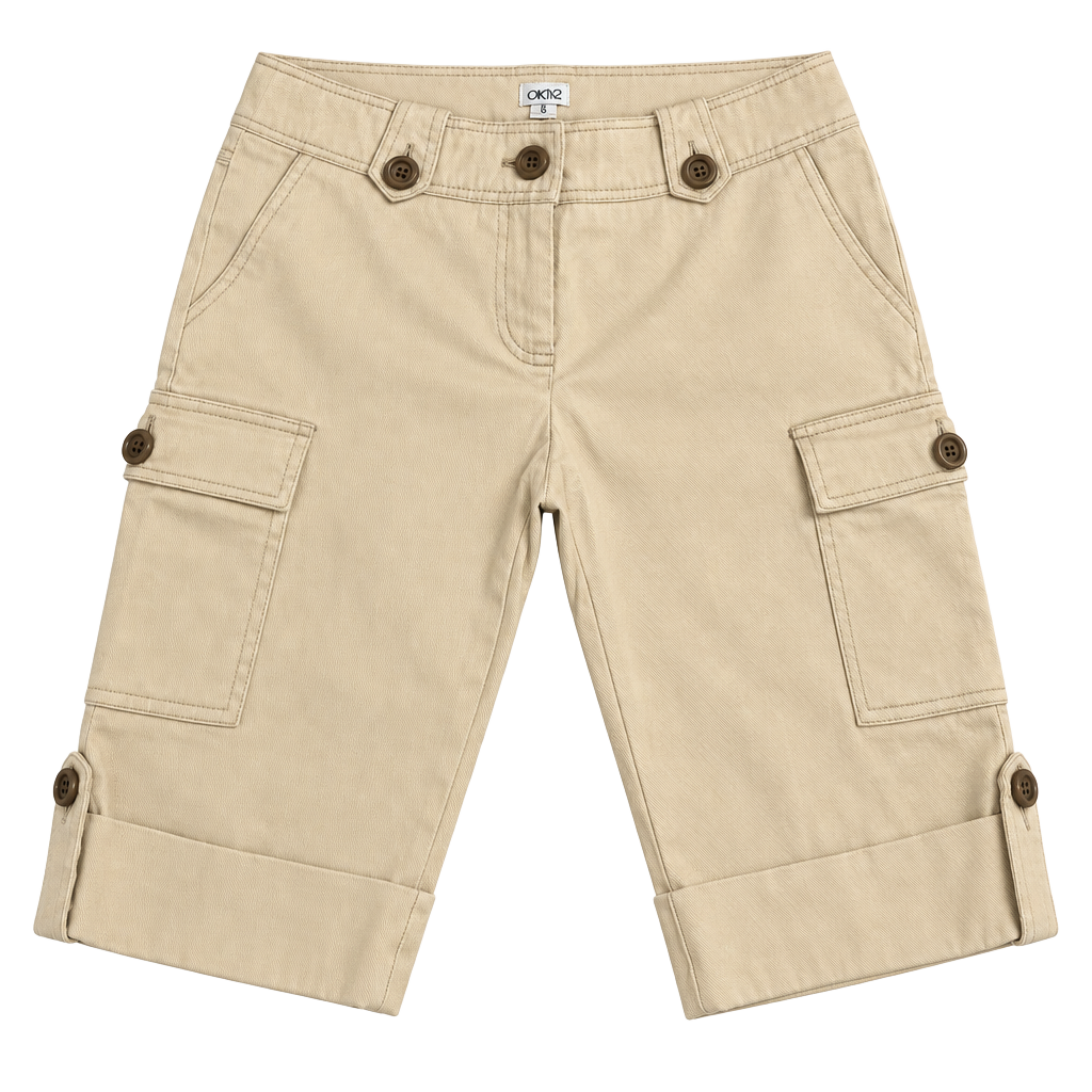 Button Strap Flat Front Chino Shorts Women's M Beige 1