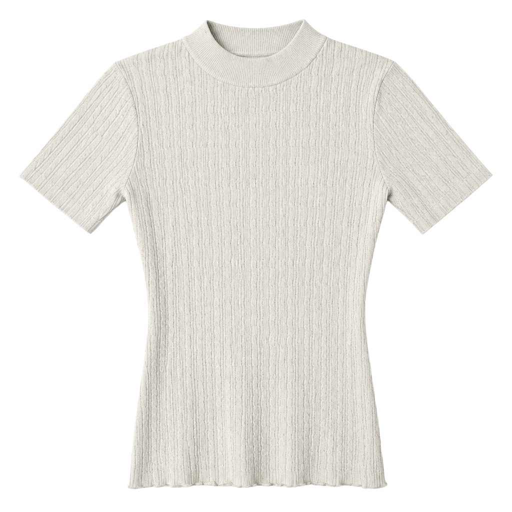 Badgley Mischka Ribbed Mock Neck Top Size M White Short Sleeve Sweater 1