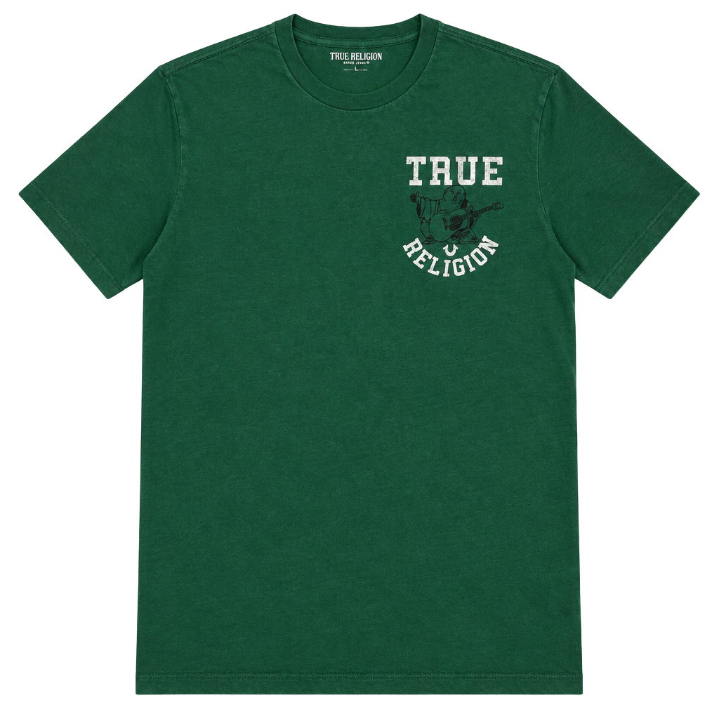 True Religion Graphic T-Shirt Size Small Green Buddha Guitar 1