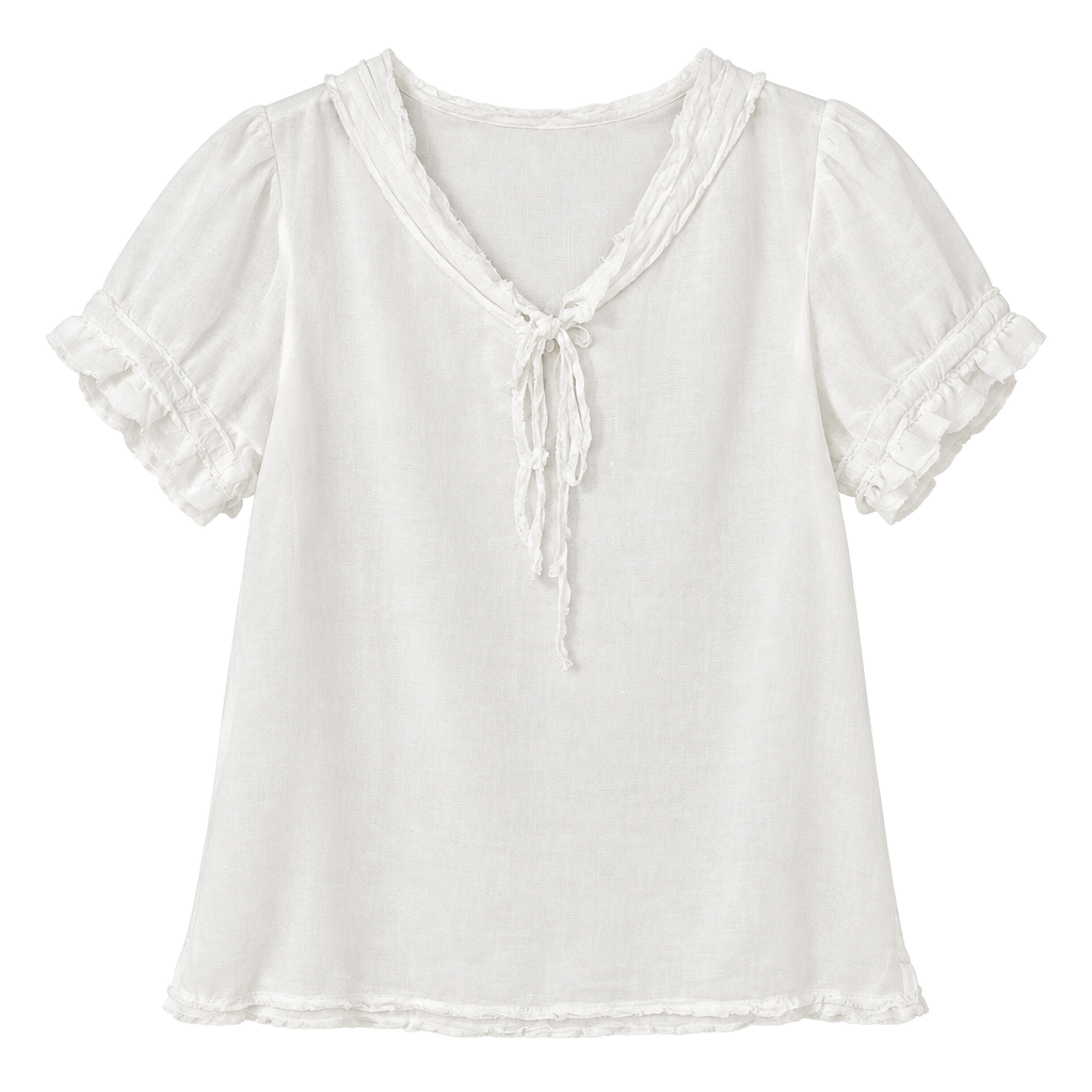 Braez Ruffle Blouse Size S White Short Sleeve Tie Neck 1
