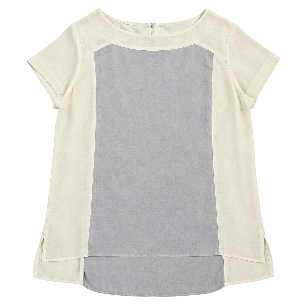 White House Black Market Silk Blouse Size 2 White Gray Short Sleeve Panel Top 1