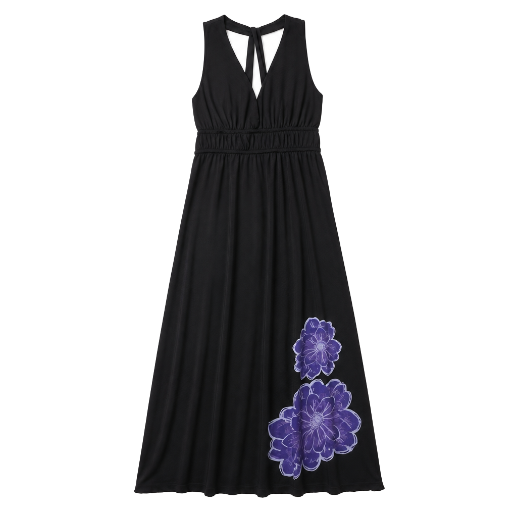 Derek Heart Black Sleeveless Halter Maxi Dress with Purple Flower Graphic Print 1