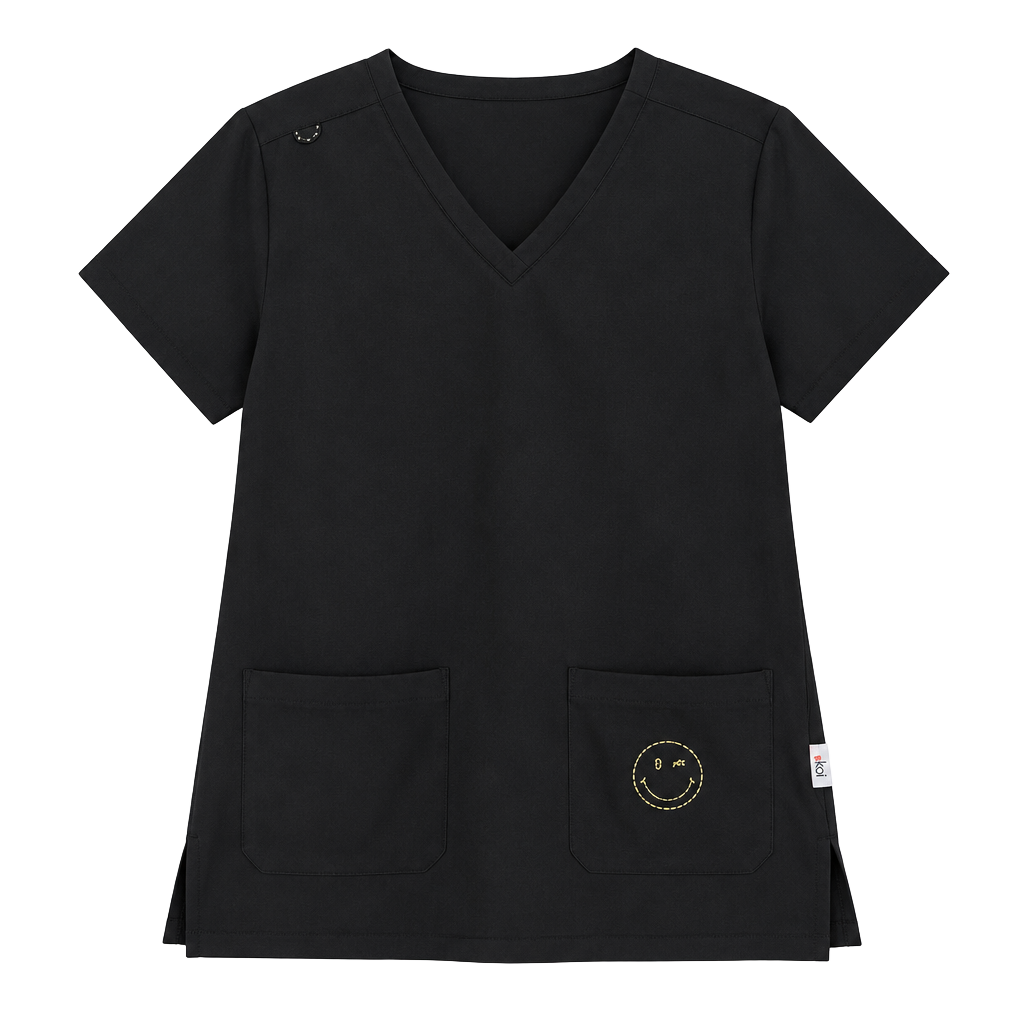 Koi x Smiley World Scrub Top Size M Black V-Neck Embroidered Winking Smiley 1