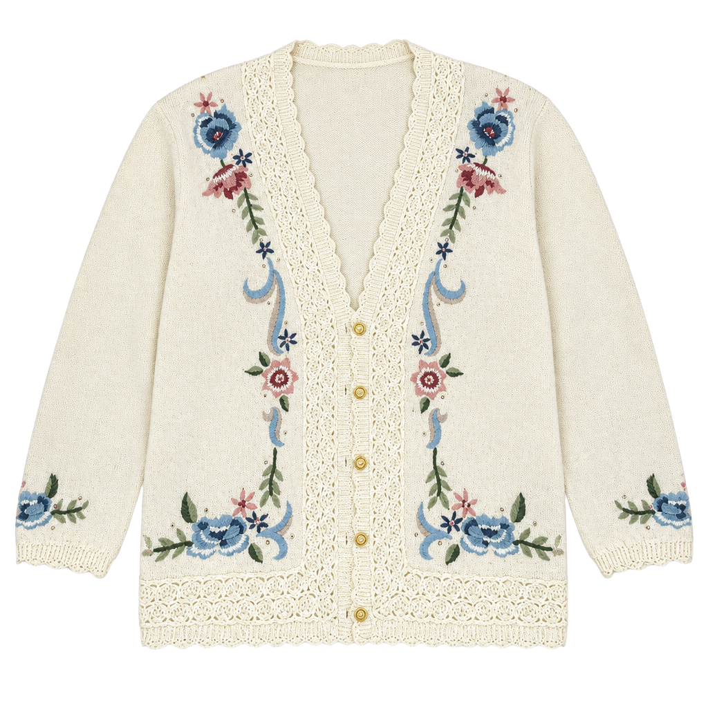 Koret Floral Embroidered Cardigan Size S Cream Beaded Scalloped 1