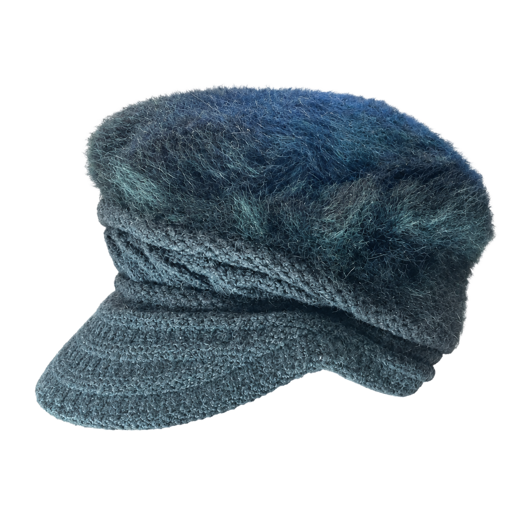 Black Knit Faux Fur Visor Beanie Hat 50% Angora 1